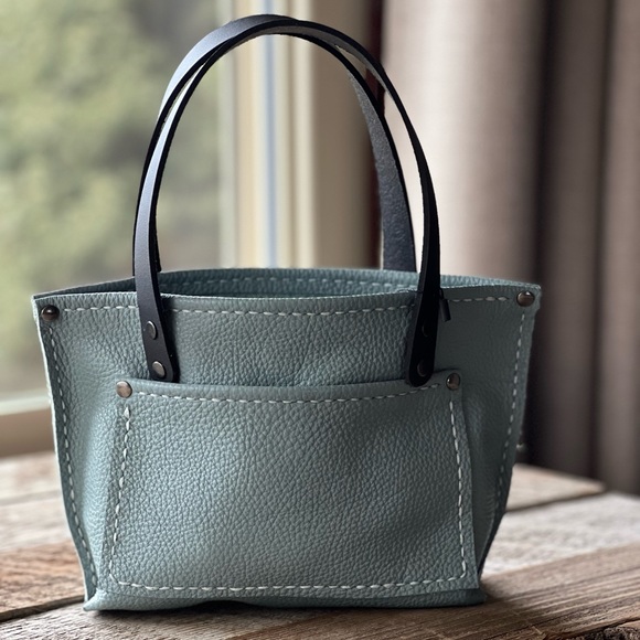 Handmade Mini Sea Foam Blue Leather Tote Bag - Picture 13 of 13